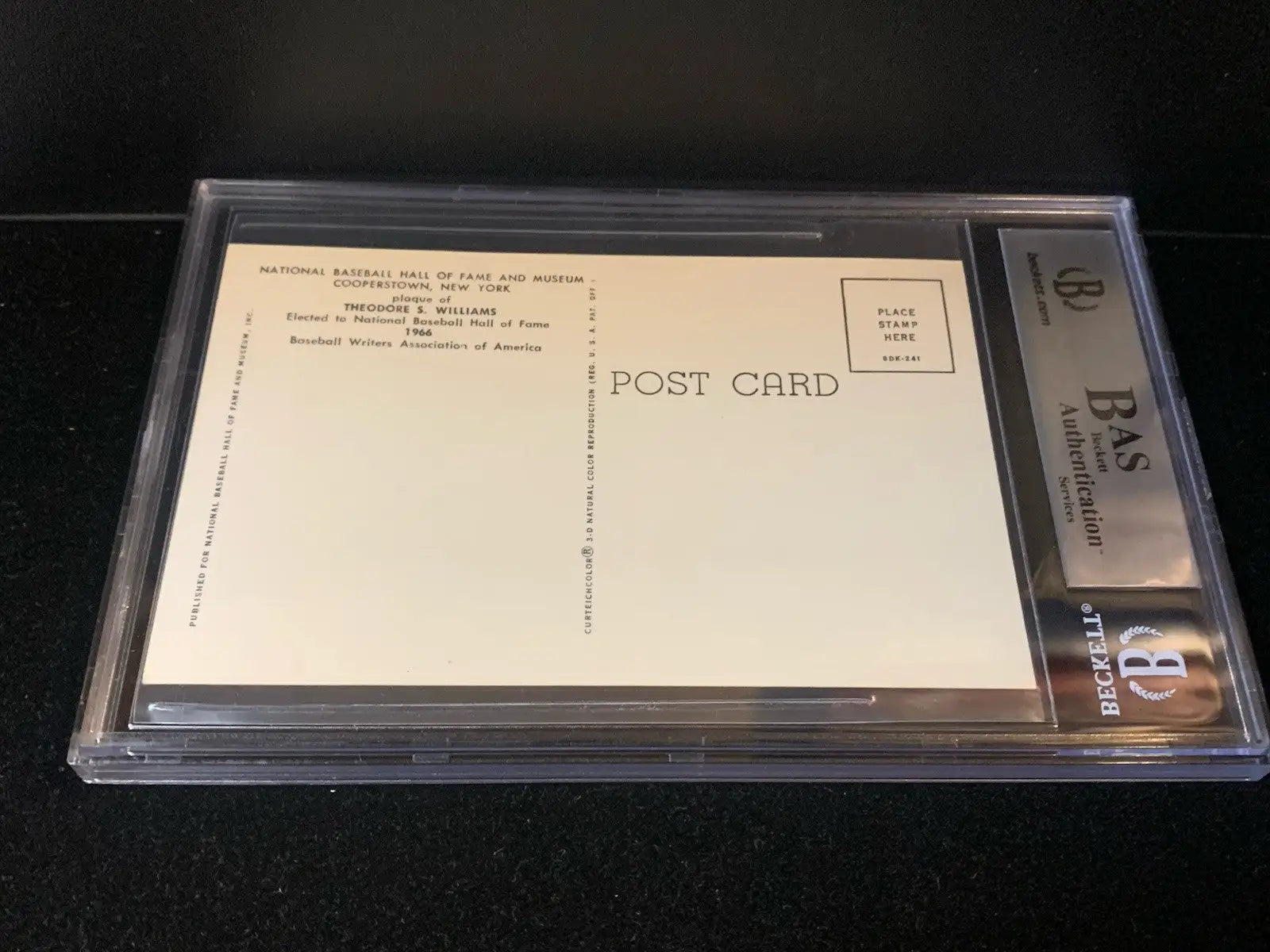 Encased Ted Williams Signed Yellow HOF Postcard with BAS Authentication Label for Red Sox fans