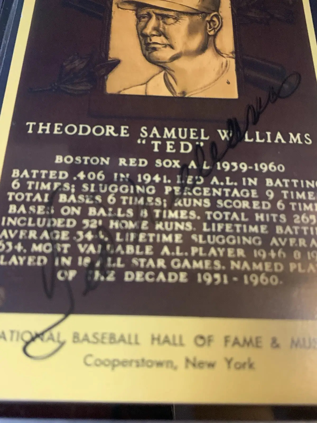 Ted Williams Signed Yellow HOF Plaque Post Card BAS Red Sox Auto Trading Card Display