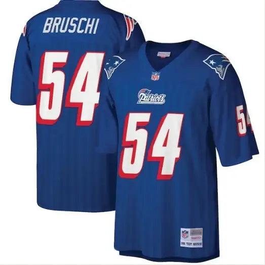 Blue Tedy Bruschi New England Patriots jersey with number 54 and BRUSCHI on back