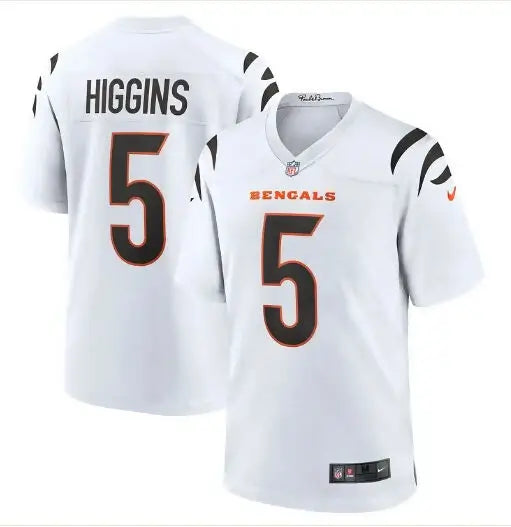 White Cincinnati Bengals Tee Higgins NFL jersey with HIGGINS and 5 on the back
