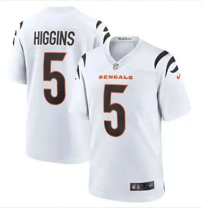 White Cincinnati Bengals Tee Higgins NFL jersey with HIGGINS and 5 on the back