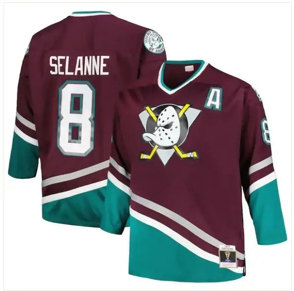 Maroon and teal Anaheim Ducks hockey jersey displayed on Teemu Selanne Big & Tall Blue Line Player Jersey