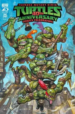 Comic book cover featuring Teenage Mutant Ninja Turtles in action with their weapons