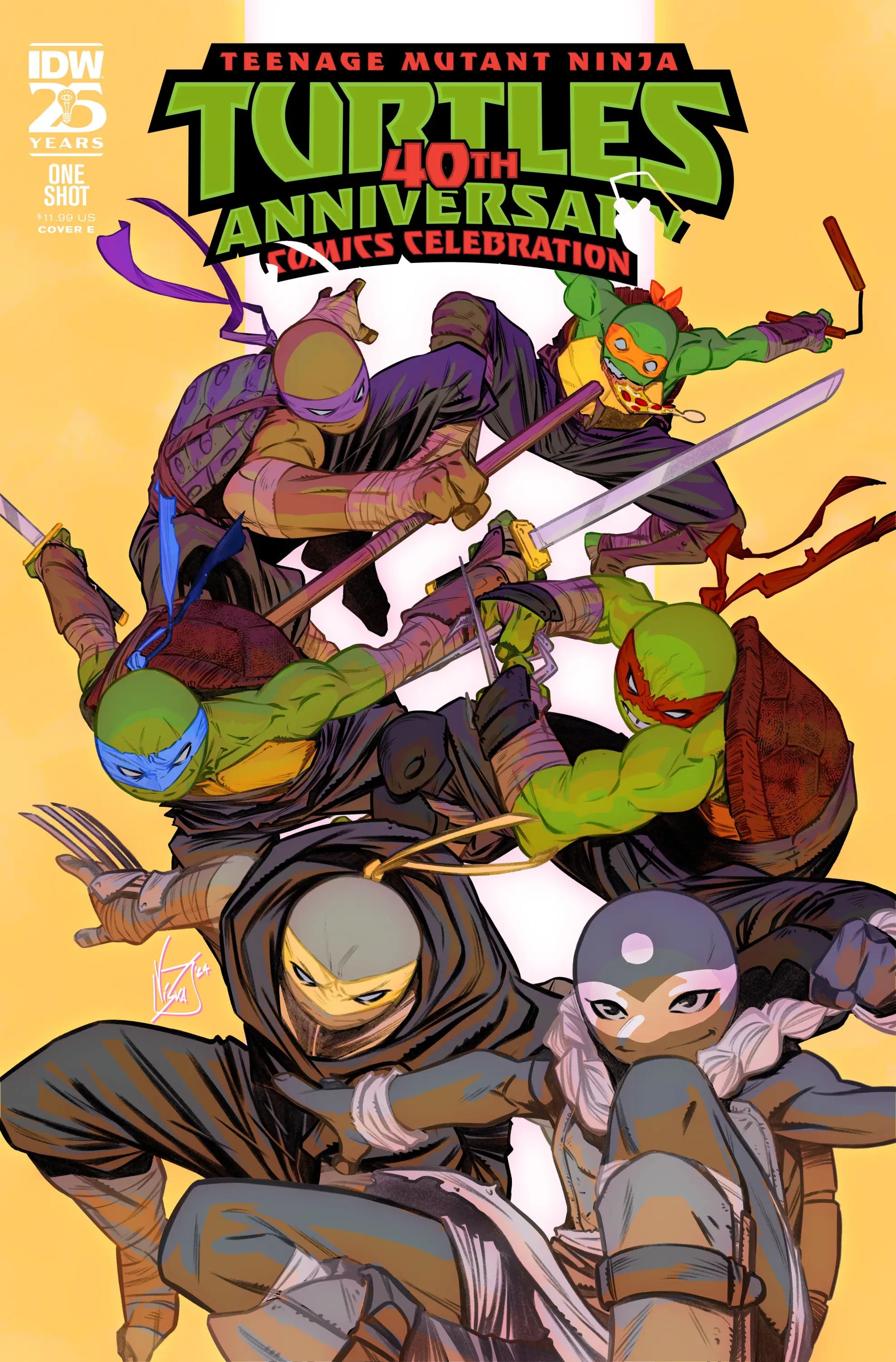 Comic book cover showcasing Teenage Mutant Ninja Turtles in exciting action poses