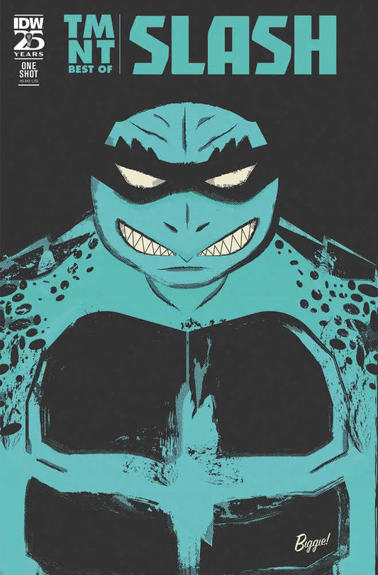 Turquoise Teenage Mutant Ninja Turtles cover features menacing ninja turtle face and eyes