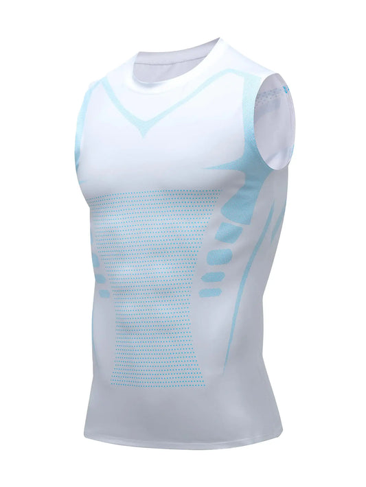 White compression tank top with blue accents for men’s athletic workout and running shirts