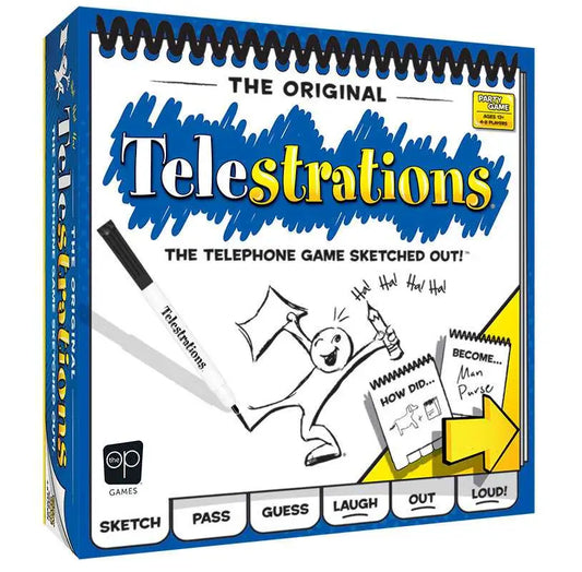 Telestrations 8 Player game box combining drawing and telephone elements for fun party gameplay