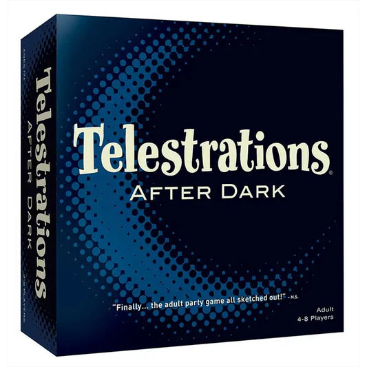 Telestrations After Dark board game box featuring dark blue design and white text