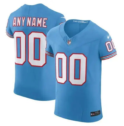 Sky blue Tennessee Titans Nike Vapor F.U.S.E. Elite custom football jerseys with white and red numbers