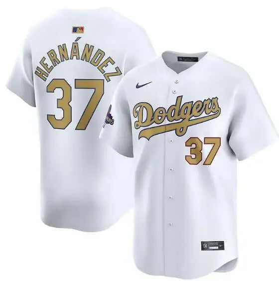 White Dodgers Baseball Jersey from the Teoscar Hernandez 2025 Nike Gold Collection