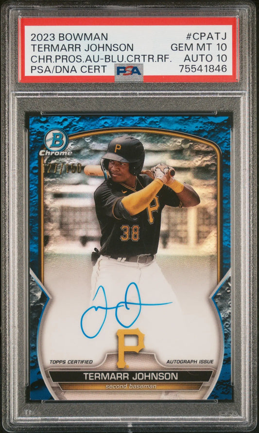 PSA-graded Termarr Johnson 2023 Bowman Chrome Blue Crater Refractor Auto baseball card