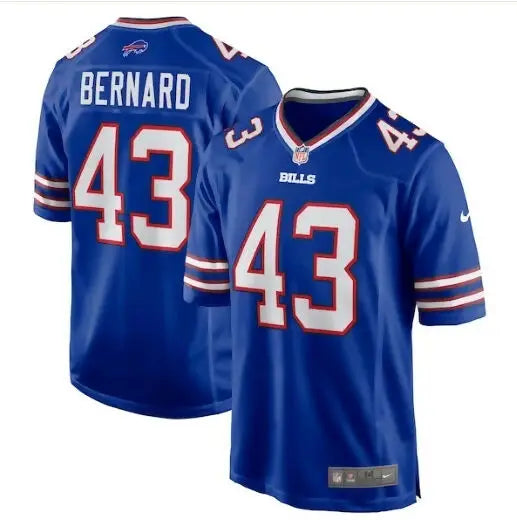 Blue Buffalo Bills Bernard #43 Nike Game Player Jersey displayed in product Terrel Bernard Royal