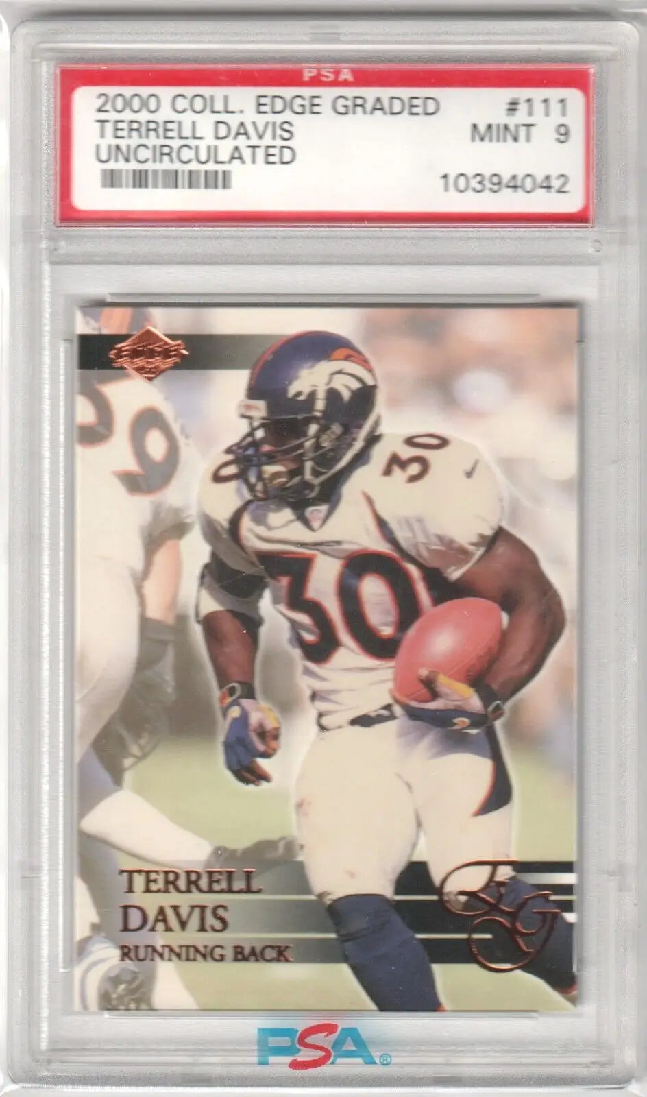 Graded Terrell Davis football card from Columbia Hobby in the TERRELL DAVIS 2000 Collector’s Edge SP PSA 9 listing