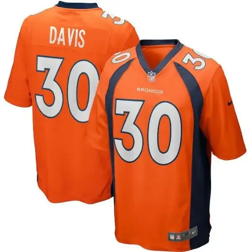 Orange Denver Broncos football jersey with number 30, Terrell Davis Nike Game Retired Player Jersey