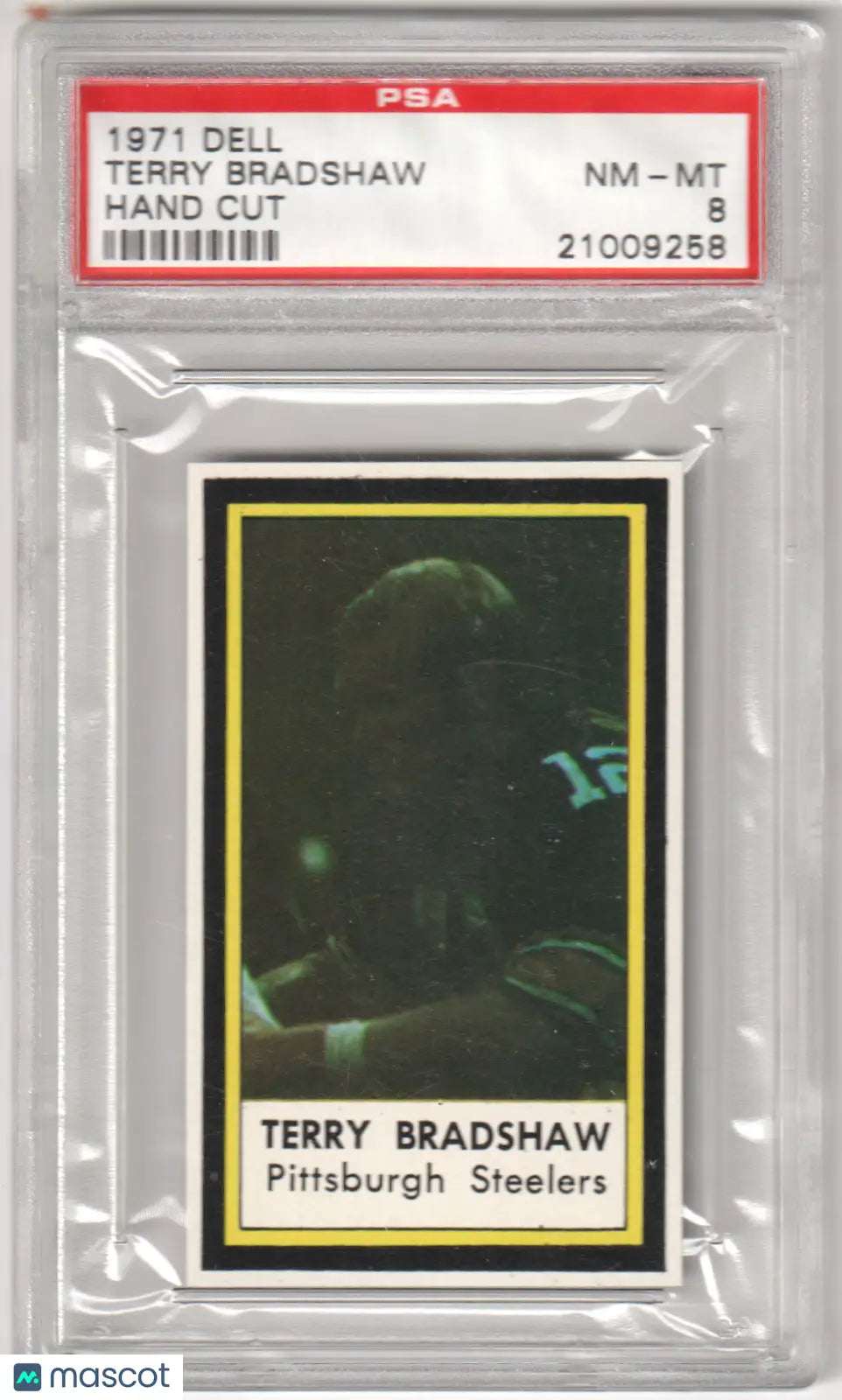 PSA-graded 1971 Terry Bradshaw rookie football card from Columbia Hobby in NM-MT condition