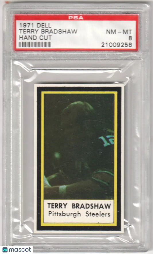 PSA-graded 1971 Terry Bradshaw rookie football card from Columbia Hobby in NM-MT condition
