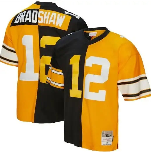 Two-tone yellow and black Steelers jersey with number 12 from Terry Bradshaw 1976 replica