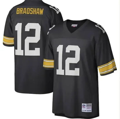 Two black Pittsburgh Steelers Terry Bradshaw legacy replica jerseys with yellow and white trim