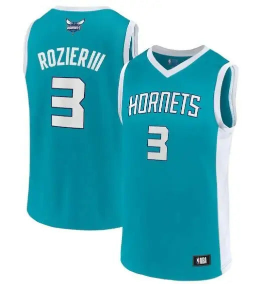 Turquoise Charlotte Hornets Terry Rozier basketball jersey with white trim