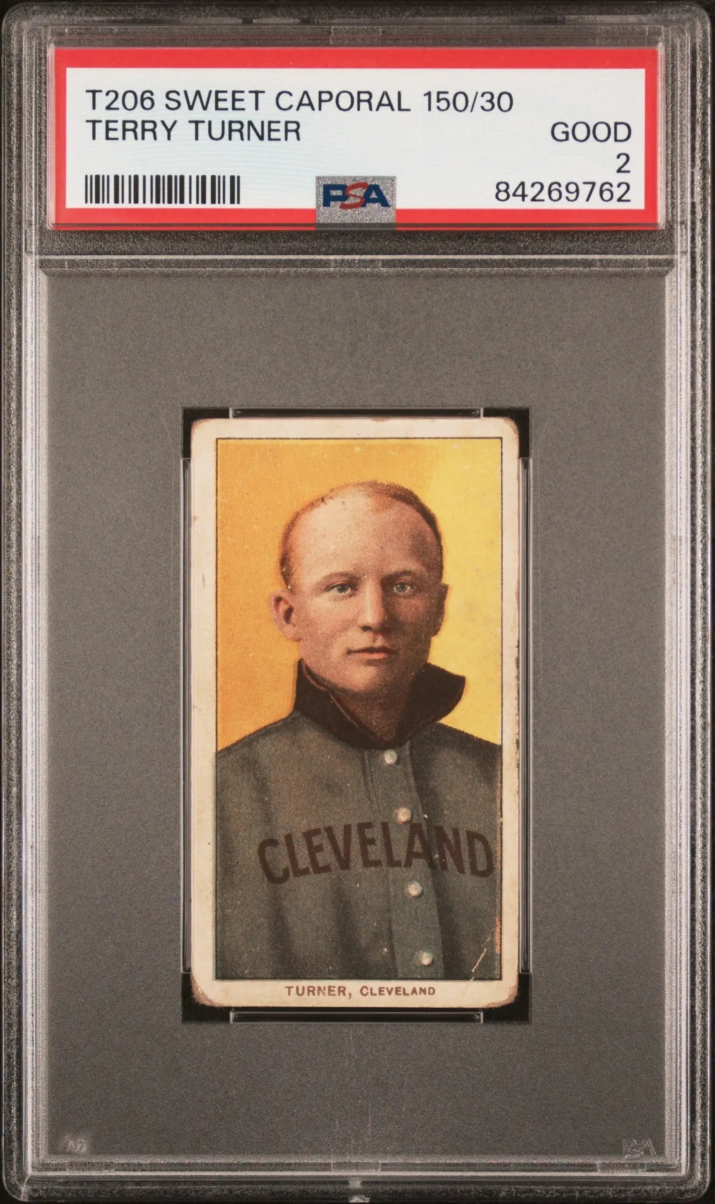 PSA-graded T206 Sweet Caporal Terry Turner baseball card in gray uniform with yellow backdrop