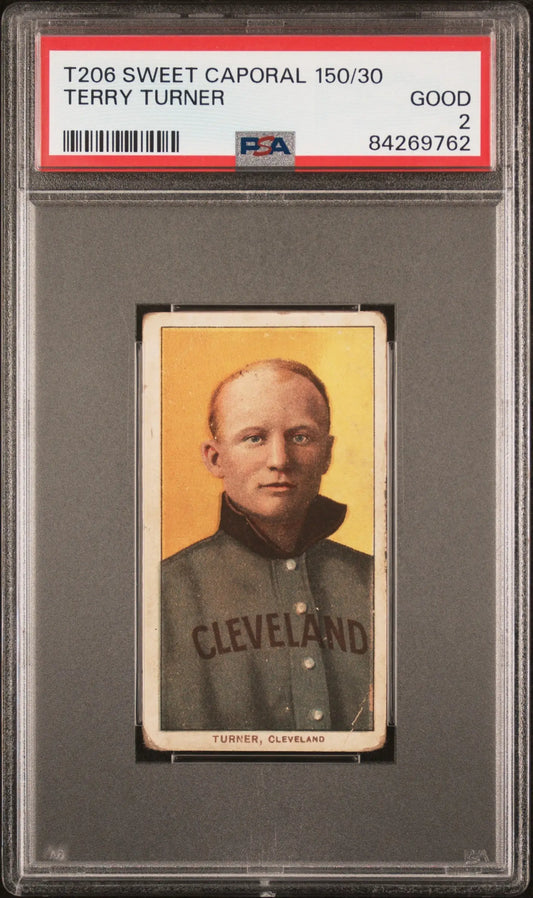 PSA-graded T206 Sweet Caporal Terry Turner baseball card in gray uniform with yellow backdrop