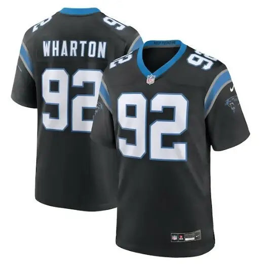 Black Tershawn Wharton Carolina Panthers NFL jersey with number 92 and WHARTON on back