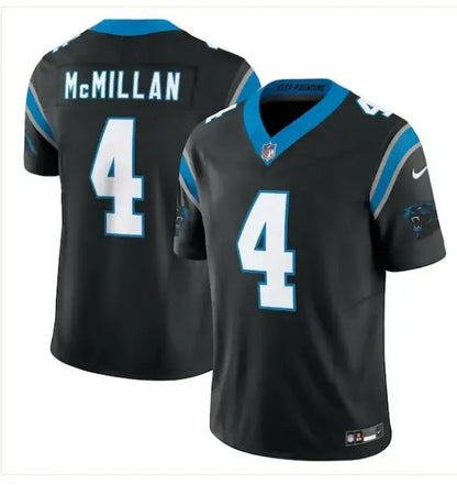 Black NFL Carolina Panthers McMillan #4 football jersey displayed in Tetairoa McMillan Nike jersey