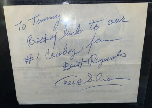 Autographed Tex Schramm note from 1967 Cotton Bowl Dallas Cowboys game memorabilia