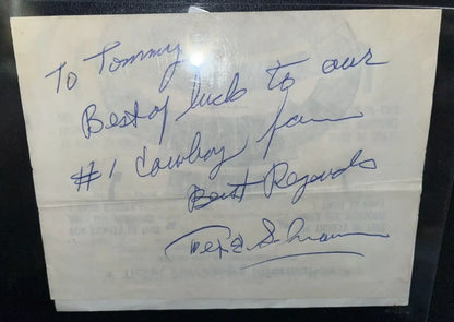 Handwritten note on Tex Schramm inscribed auto from the 1967 Cotton Bowl Dallas Cowboys game