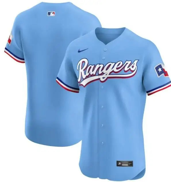 Light blue Texas Rangers Nike Alternate Vapor Premier Elite Patch Jersey displayed
