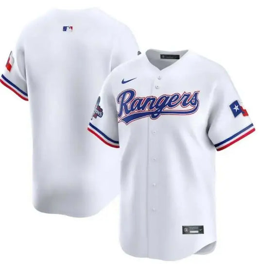 White Texas Rangers Nike Home 2023 World Series Champions Limited Jersey with blue and red accents