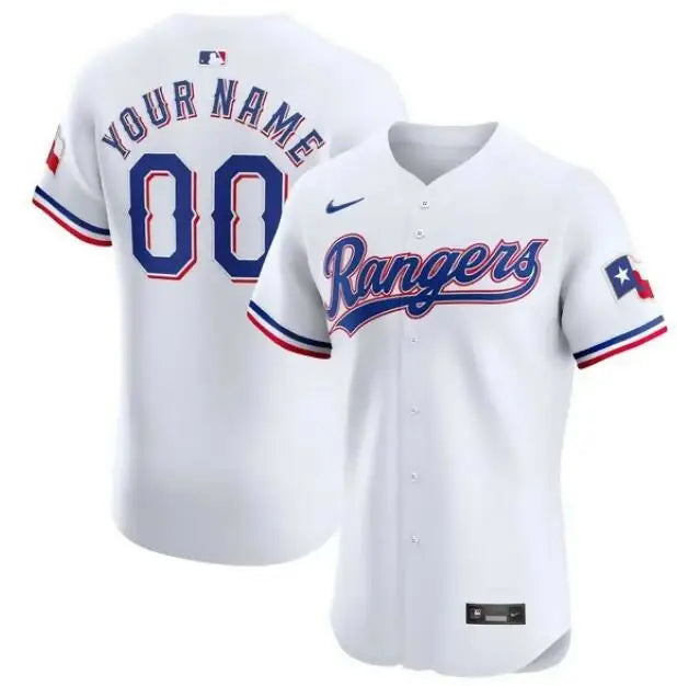White Texas Rangers Nike Home Elite Custom Baseball Jersey displayed