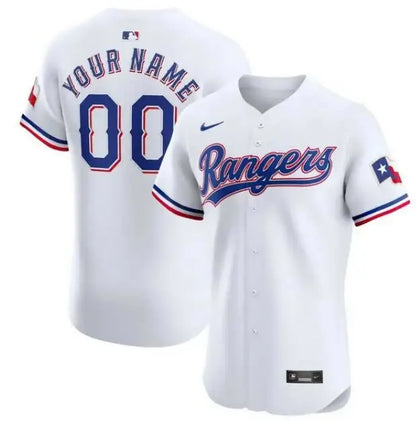 White Texas Rangers Nike Home Elite Custom Baseball Jersey displayed