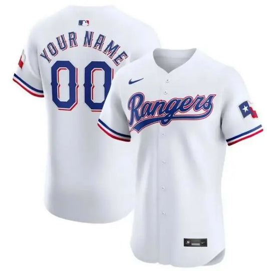 White Texas Rangers Nike Home Elite Custom Baseball Jersey displayed