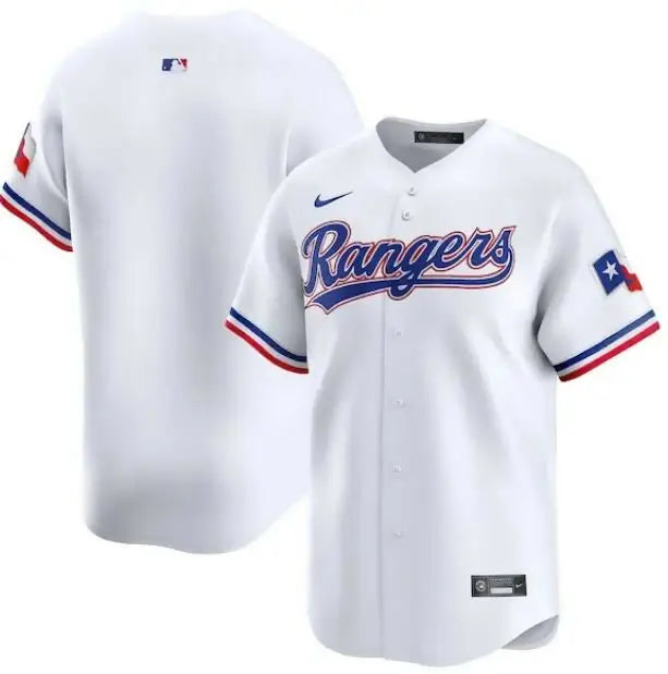 White Texas Rangers Nike Home Limited Jersey displayed in a product image