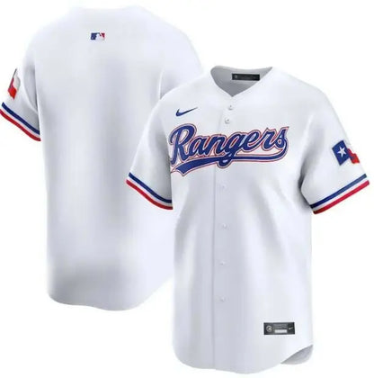 White Texas Rangers Nike Home Limited Jersey displayed in a product image