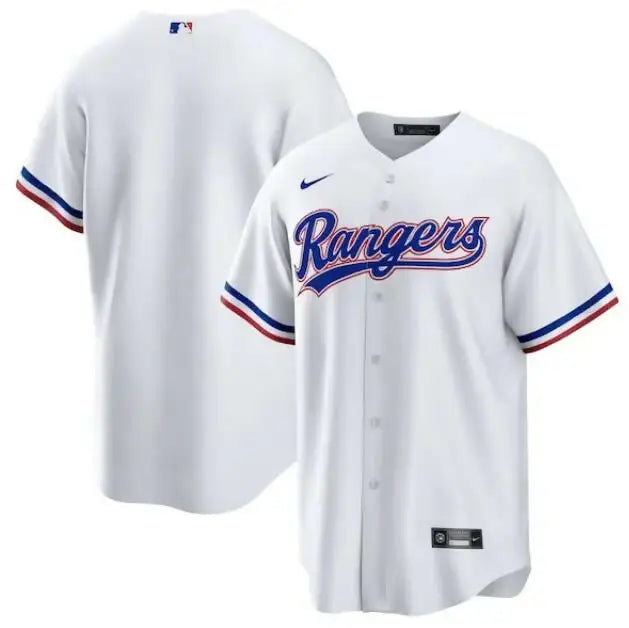 White Texas Rangers Nike Home Replica Team Jersey displaying team logo and Nike branding
