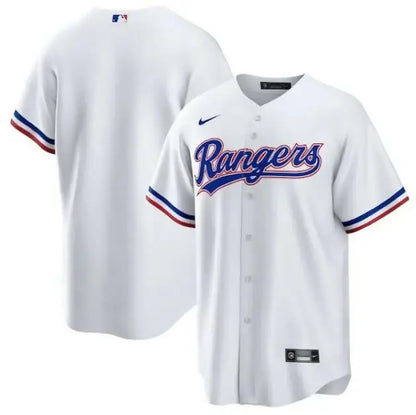 White Texas Rangers Nike Home Replica Team Jersey displaying team logo and Nike branding