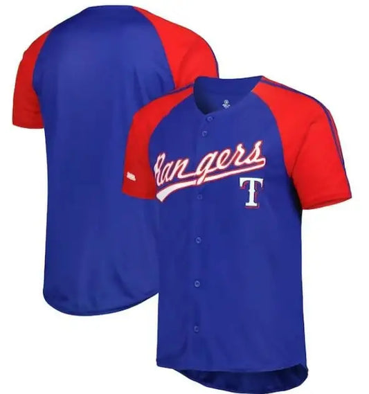 Blue and red Texas Rangers Stitches button-down raglan fashion jersey