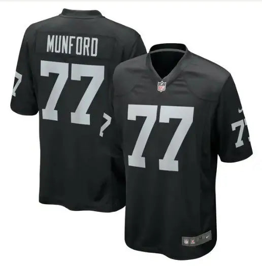 Black NFL jersey featuring MUNFORD and 77 for Thayer Munford Jr. Las Vegas Raiders