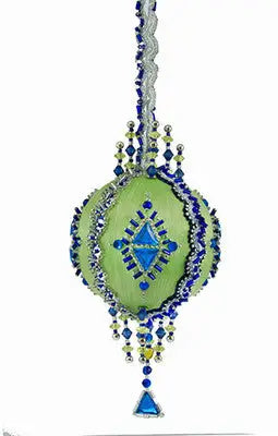 Ornate light green and blue beaded Christmas ornament from The Cracker Box ornament kits