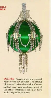 Emerald green satin Christmas ornament with silver beads and rhinestones from Cracker Box ornament kits