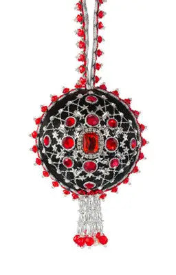 Black and red beaded ornament with central red gem from The Cracker Box Grand Duke kit