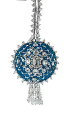 Teal blue and silver beaded ornament with gemstone embellishments from the Cracker Box Grand Duke collection