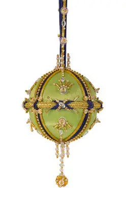 Ornate light green satin and gold beaded Christmas ornament with crystals from Joan Brooch Cracker Box Grand Duke kit
