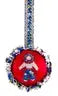 Red and blue embroidered round cracker box Christmas ornament with ribbon hanger