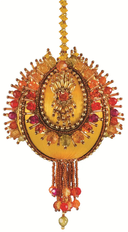Vibrant yellow Christmas ornament with beads and tassels from Cracker Box Art Nouveau kit