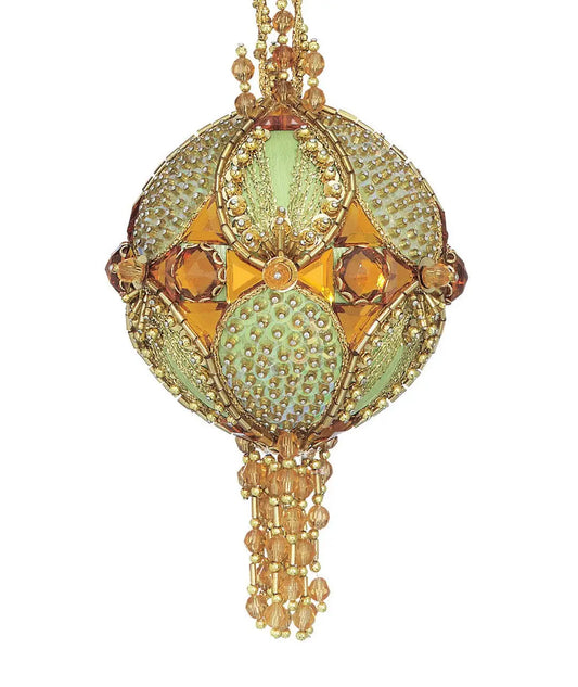 Ornate Art Nouveau cracker box Christmas ornament kit with green, gold, amber beads