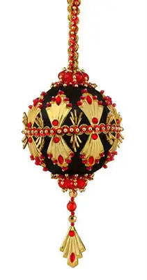 Ornate black gold red spherical Christmas ornament with beaded hanger and tassel from Cracker Box Crystal Ball Kit