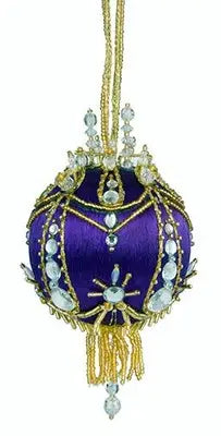 Ornate purple Christmas ornament with gold beading and clear jewels from Cracker Box Crystal Ball kit
